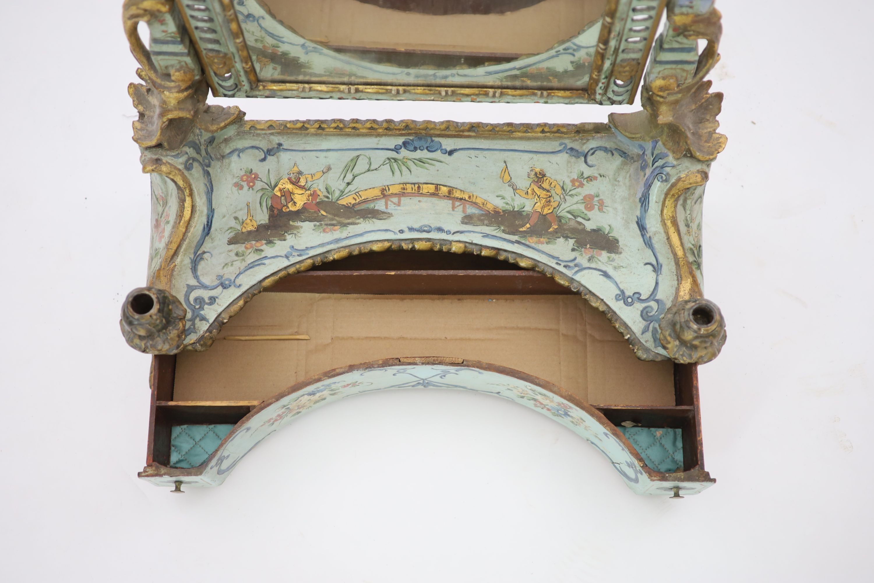 An 18th century Venetian painted pine toilet mirror H 90cm. W 64cm. D 26cm.